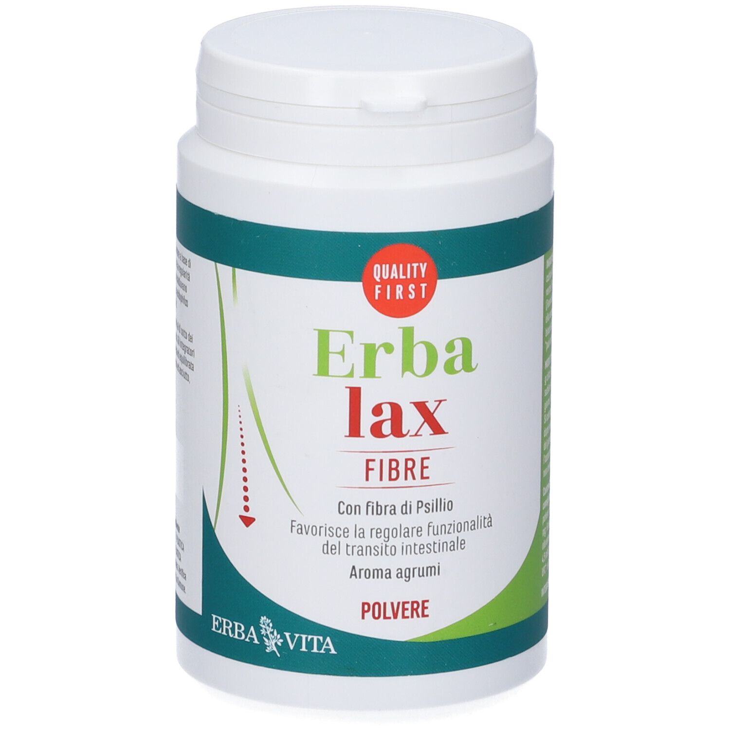 Prodotto cilindrico bianco con testo verde e rosso. Scritta: Erba Lax Fibre, Polvere. Marchio: Erba Vita.