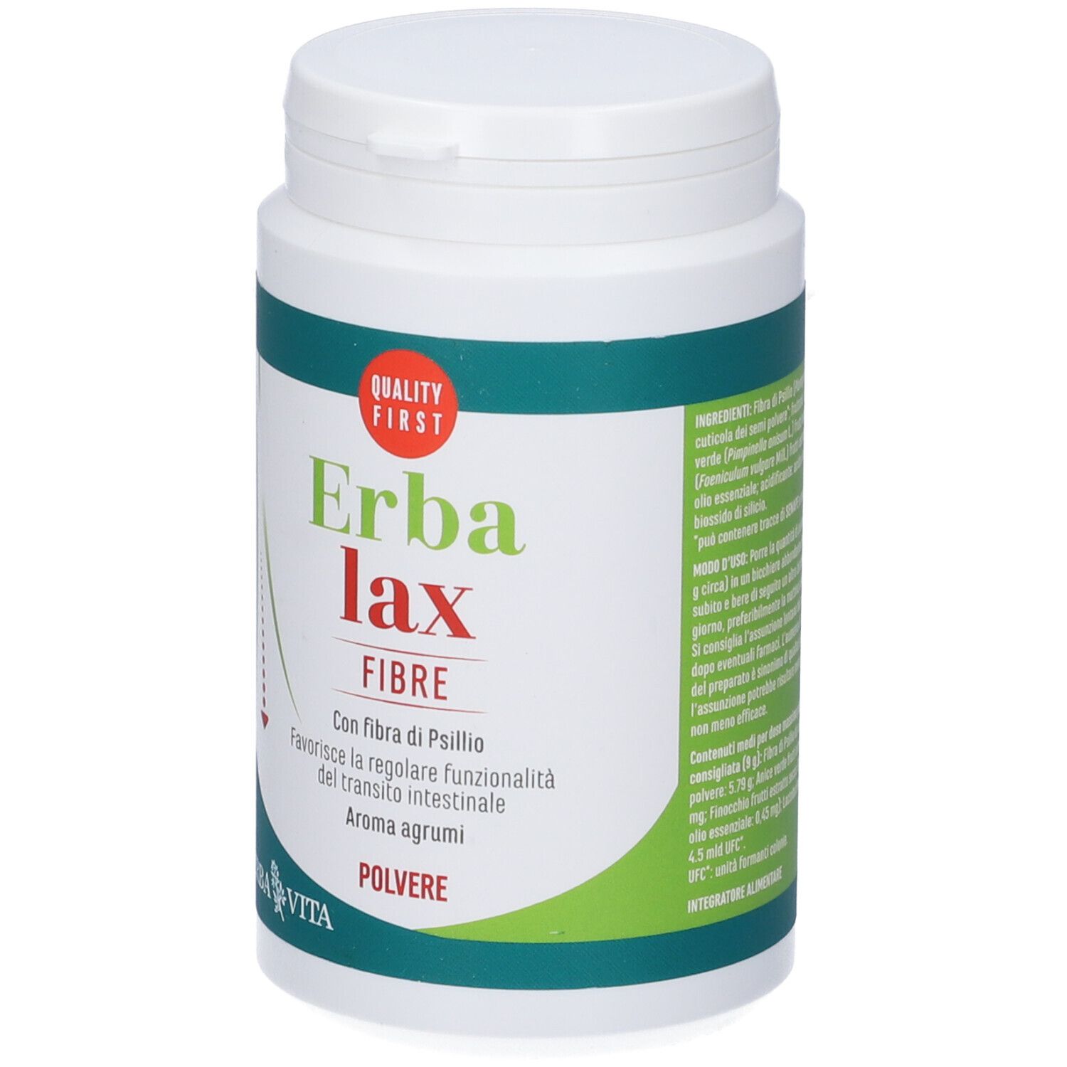 Prodotto cilindrico bianco con testo verde e rosso. Scritta: Erba Lax Fibre, Polvere. Marchio: Erba Vita.