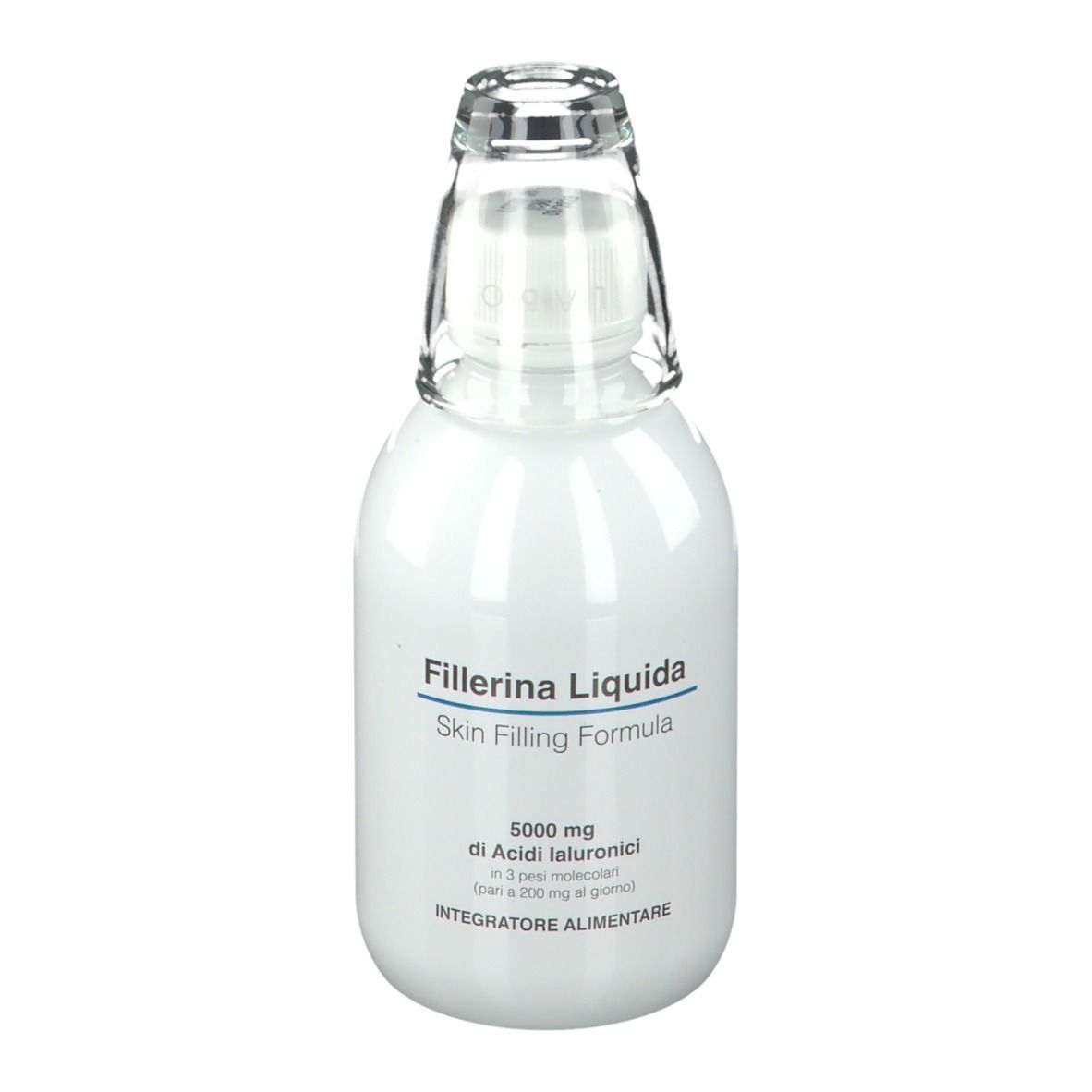 Flacone bianco con tappo in vetro. Scritta: Fillerina Liquida, Skin Filling Formula. Contiene acido ialuronico.