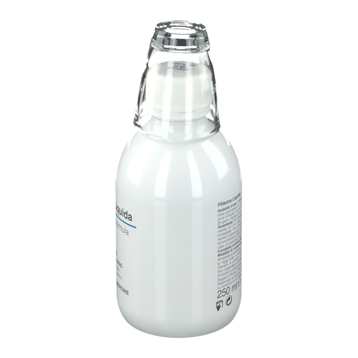 Flacone bianco con tappo in vetro. Scritta: Fillerina Liquida. Informazioni sul prodotto sul retro.