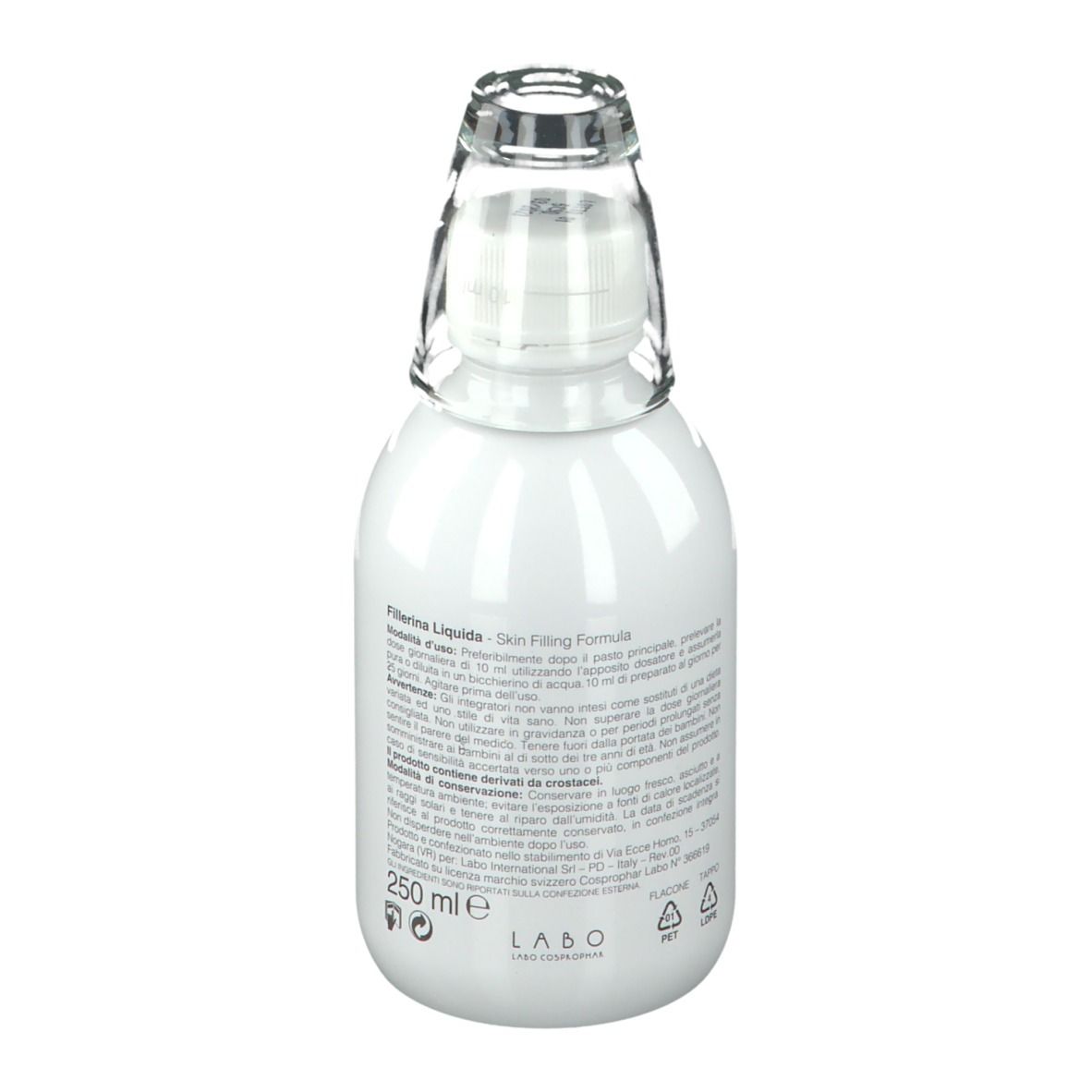 Flacone bianco con tappo in vetro. Informazioni sul prodotto sul retro e indicazione 250 ml.