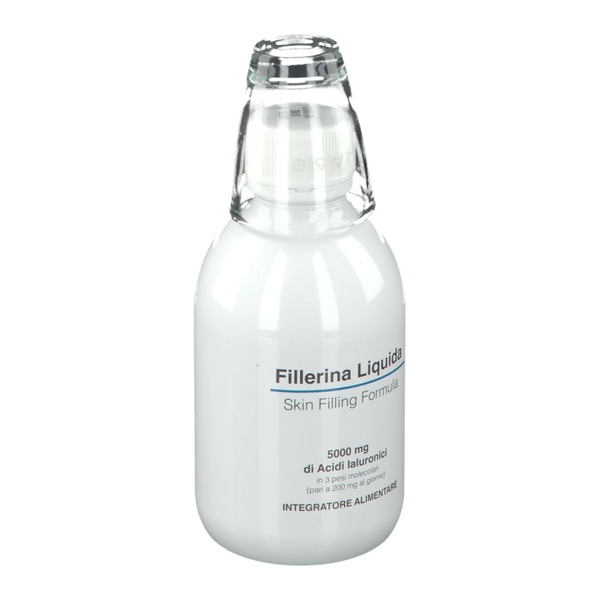 Flacone bianco con tappo in vetro. Scritta: Fillerina Liquida, Skin Filling Formula. Contiene acido ialuronico.