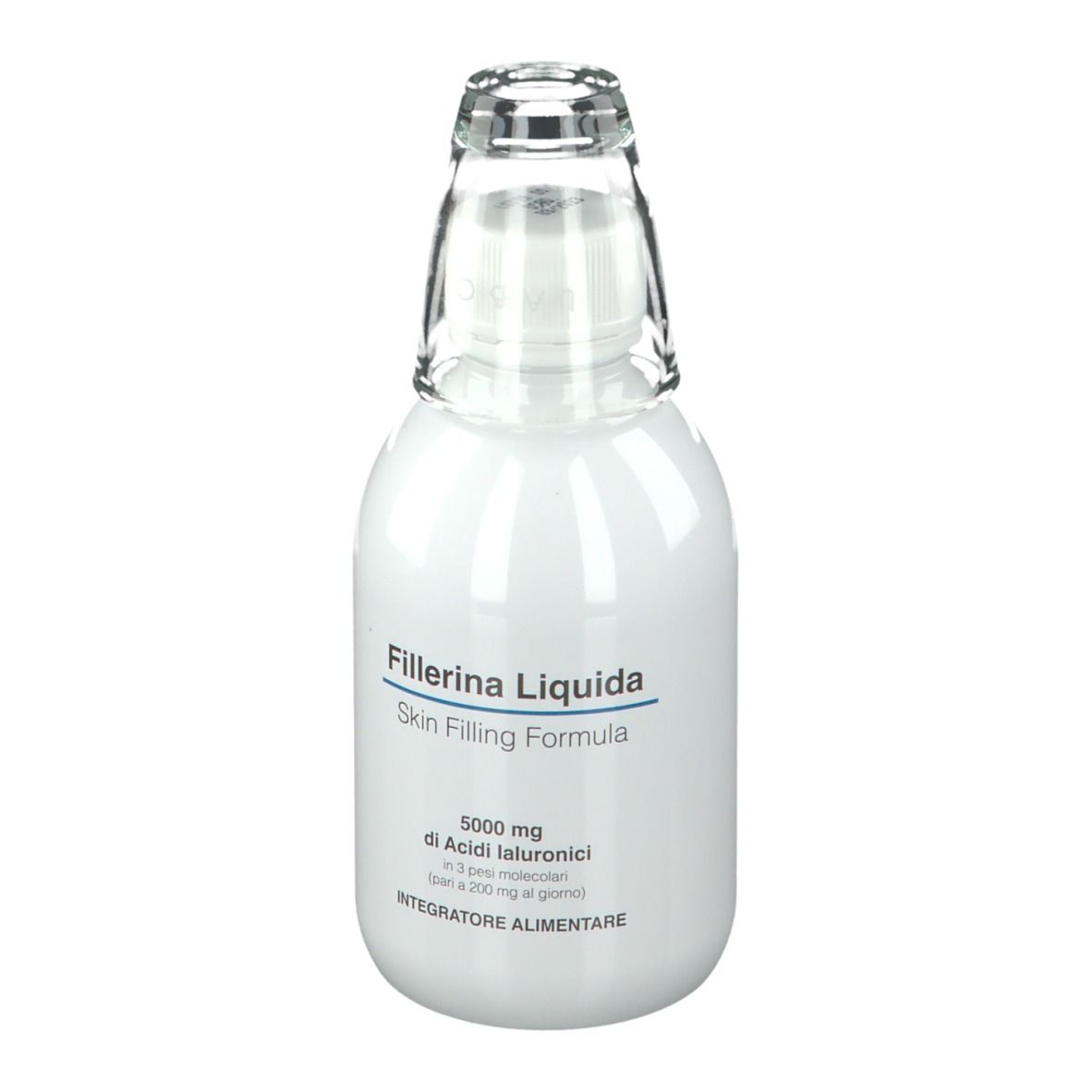 Flacone bianco con tappo in vetro. Scritta: Fillerina Liquida, Skin Filling Formula. Contiene acido ialuronico.