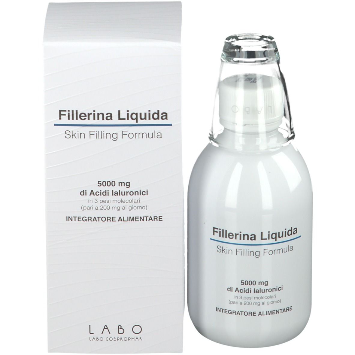 Prodotto e confezione. Flacone bianco con tappo in vetro e scatola. Scritta: Fillerina Liquida.
