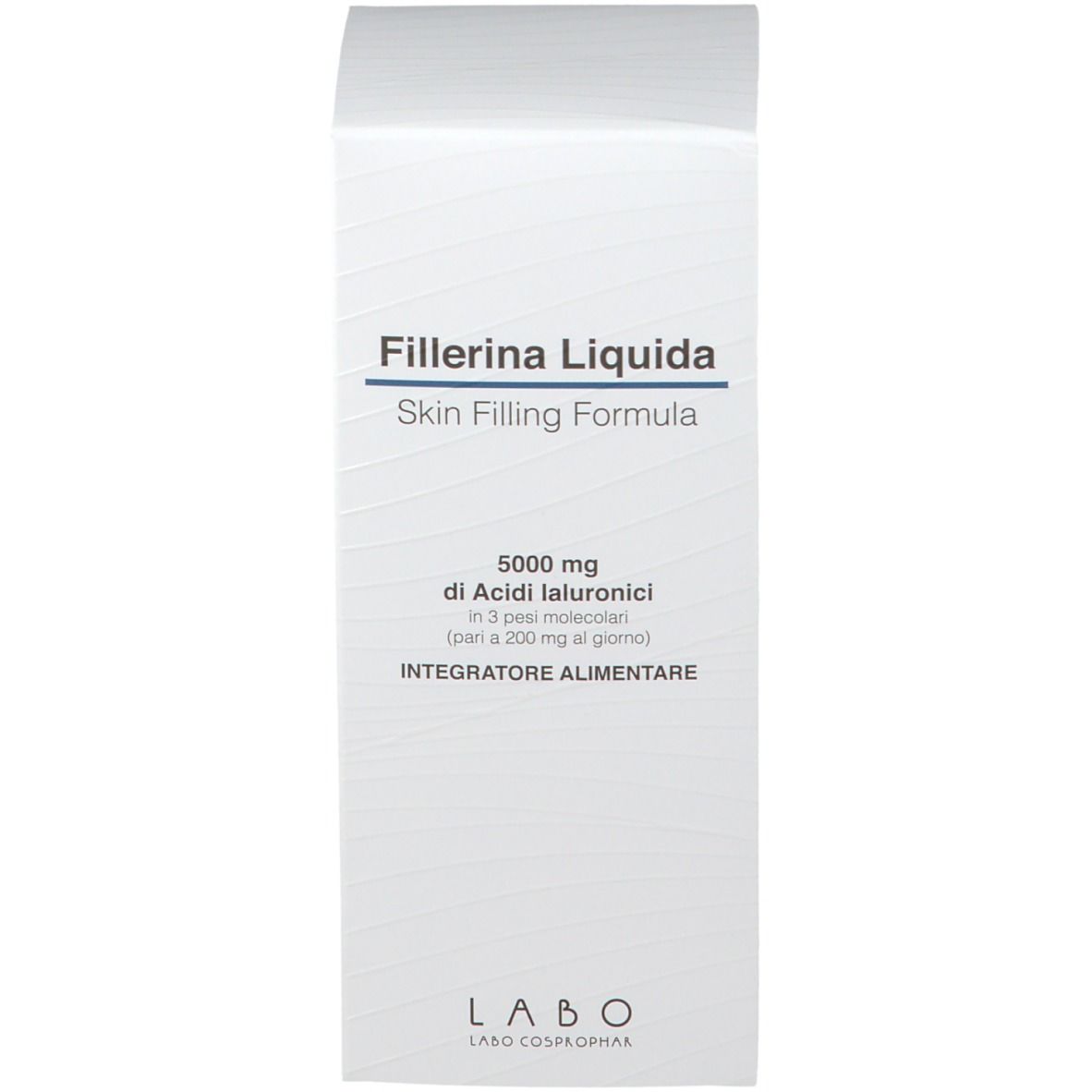 Confezione bianca del prodotto. Scritta: Fillerina Liquida, Skin Filling Formula. Contiene acido ialuronico.