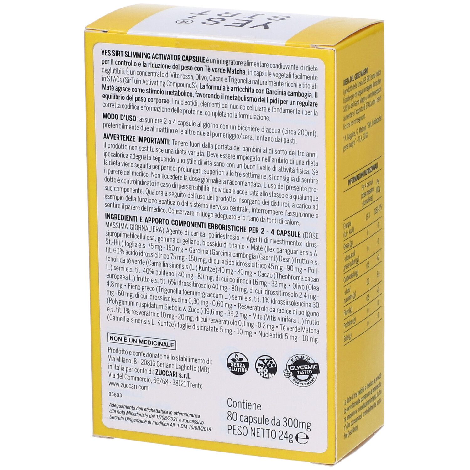 Scatola gialla con testo. Scritto: YES, SIRT, Slimming Activator. Marchio: ZUCCARI. Elenco ingredienti e avvertenze.