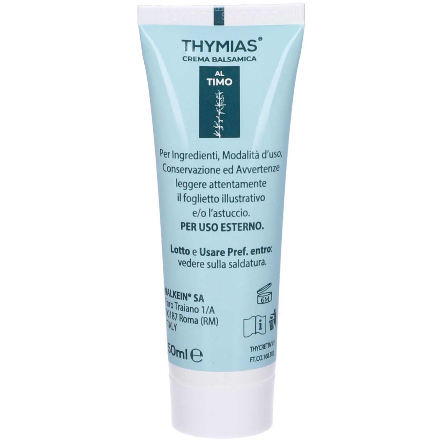 Retro del tubo. Testo: istruzioni per l'uso e ingredienti. Marchio: nalkein. Logo e informazioni di produzione.