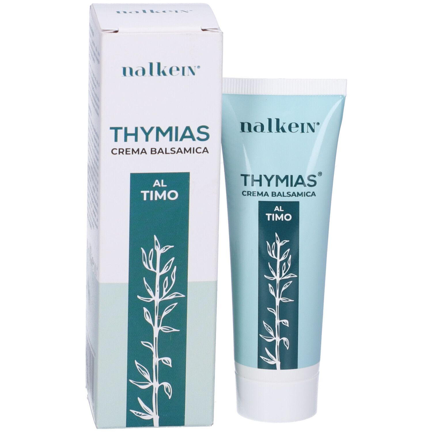 Confezione del prodotto: tubo e scatola. Scritta: Thymias Crema Balsamica, Al Timo. Marchio: nalkein. Illustrazione di un ramo.
