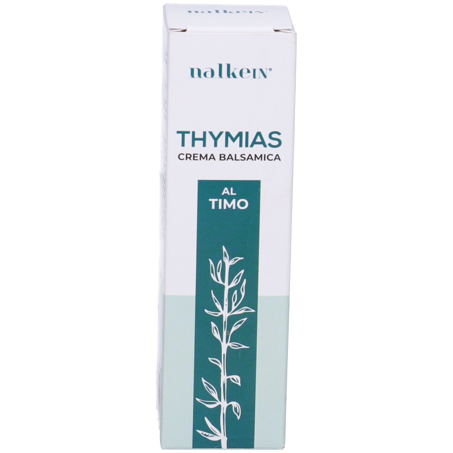 Scatola con scritta: Thymias Crema Balsamica, Al Timo. Marchio: nalkein. Illustrazione di un ramo. Bianco e verde chiaro.
