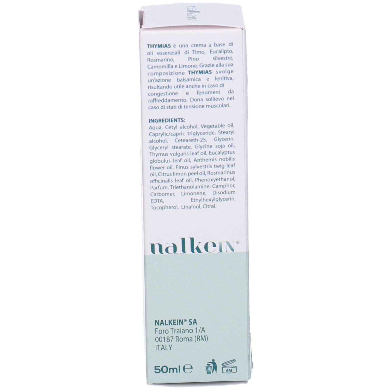 Lato della scatola. Testo: ingredienti. Marchio: nalkein. Informazioni sul produttore e volume.