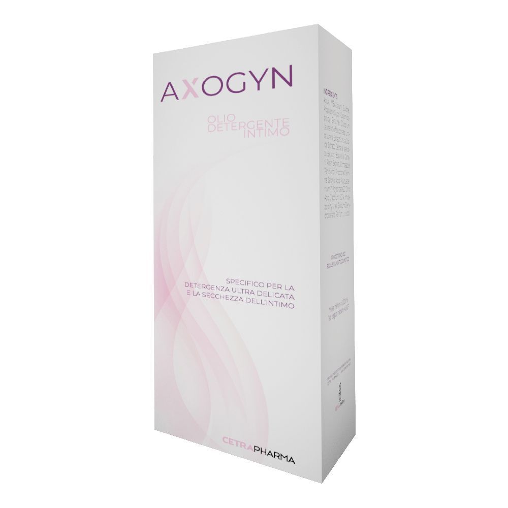 Confezione bianca con dettagli rosa. Scritta: AXOGYN, Olio Detergente Intimo. Logo Cetra Pharma.