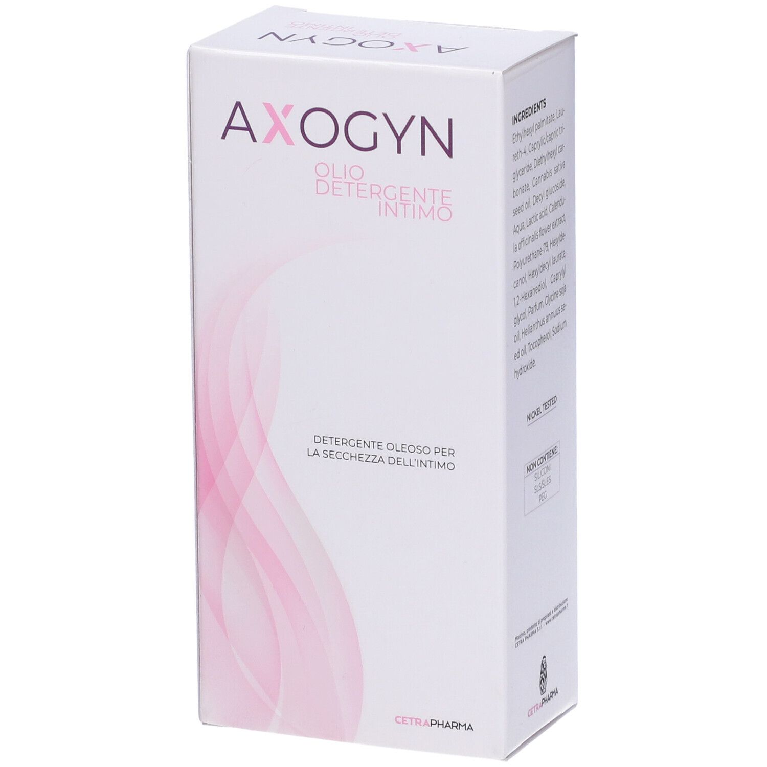Confezione con motivo a onde rosa. Scritta: AXOGYN, Olio Detergente Intimo. Logo Cetra Pharma.