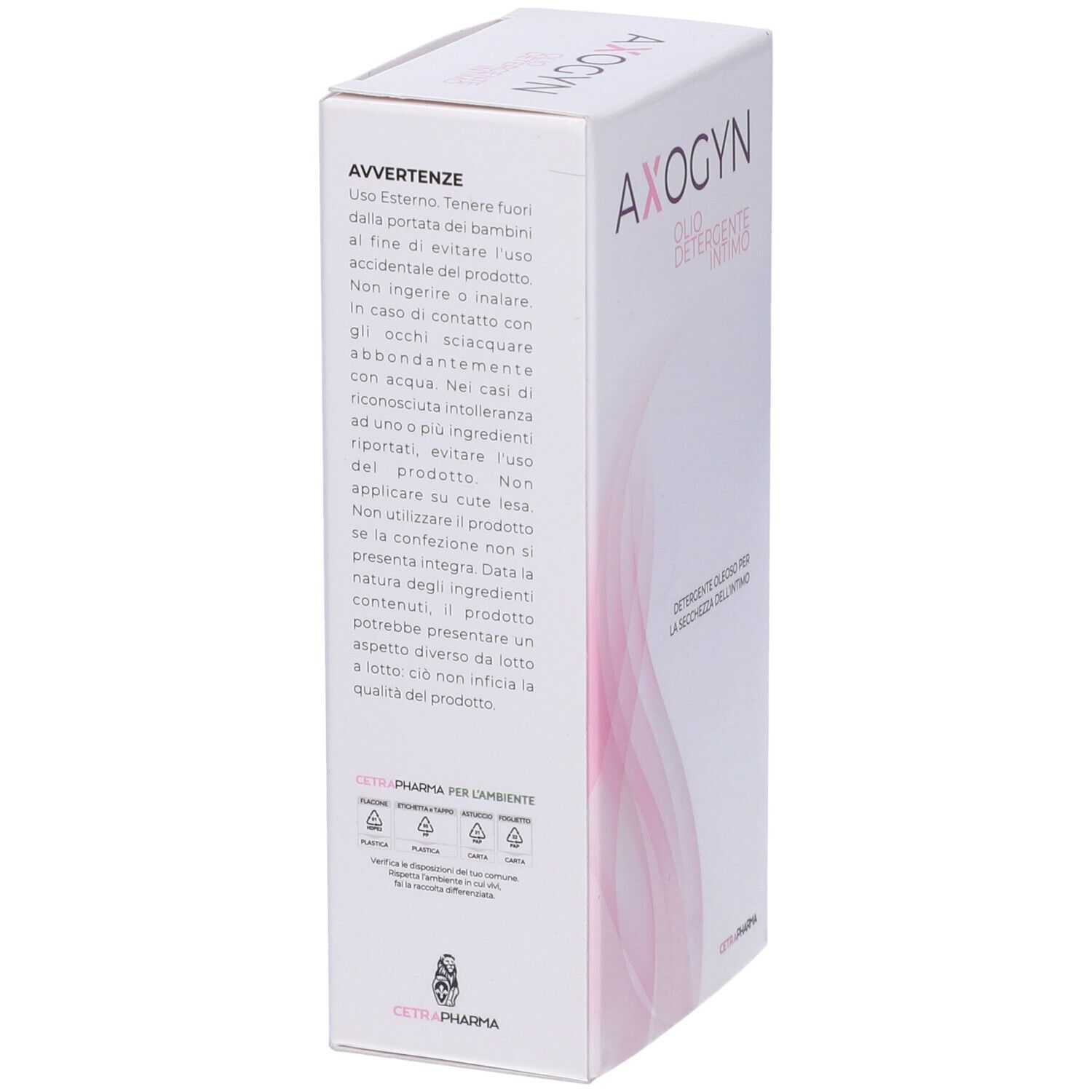 Retro confezione con testo. Scritta: AXOGYN. Logo Cetra Pharma. Avvertenze e ingredienti.