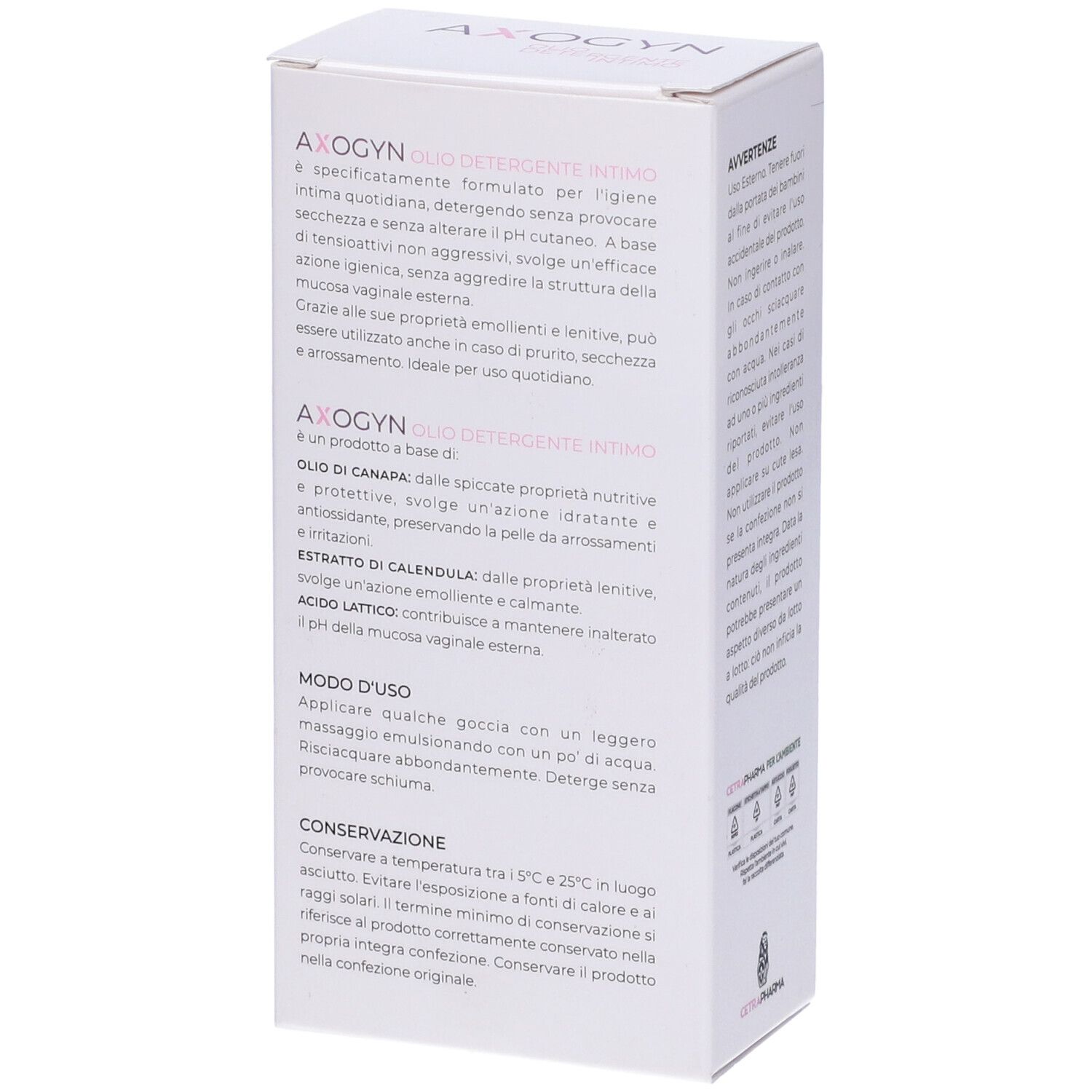 Confezione, testo sul retro. Scritta: AXOGYN. Logo Cetra Pharma. Ingredienti e modo d'uso.