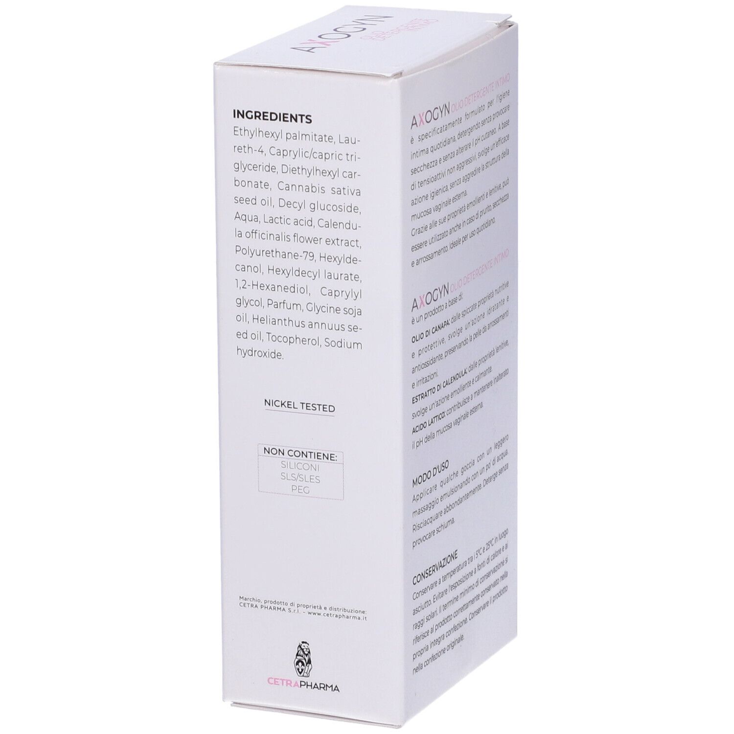 Confezione, ingredienti e avvertenze. Scritta: AXOGYN. Logo Cetra Pharma. Nickel tested.