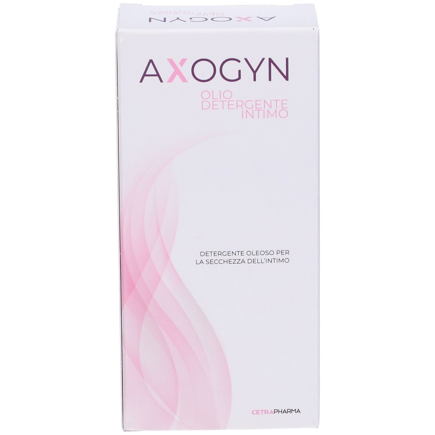 Confezione con motivo a onde rosa. Scritta: AXOGYN, Olio Detergente Intimo. Logo Cetra Pharma.