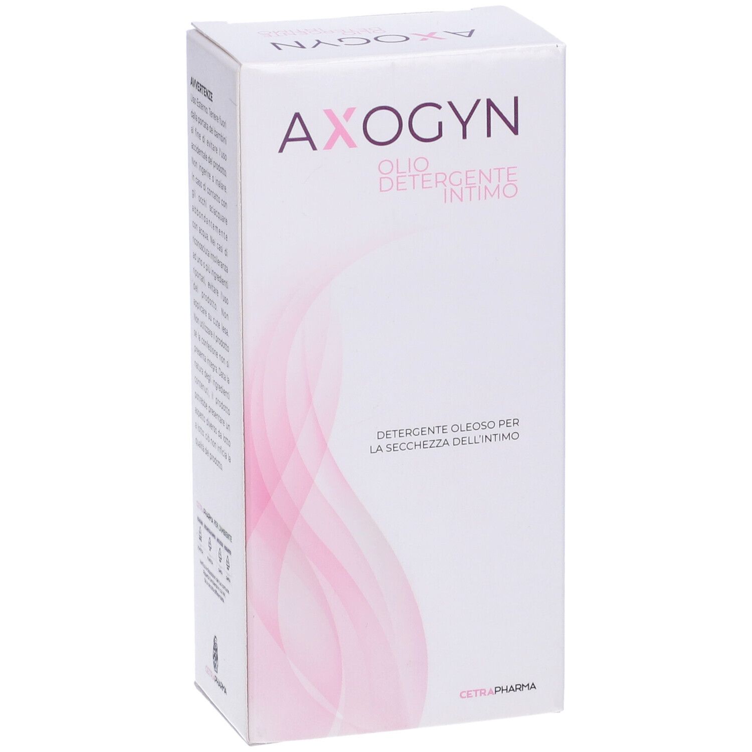 Confezione con motivo a onde rosa. Scritta: AXOGYN, Olio Detergente Intimo. Logo Cetra Pharma.