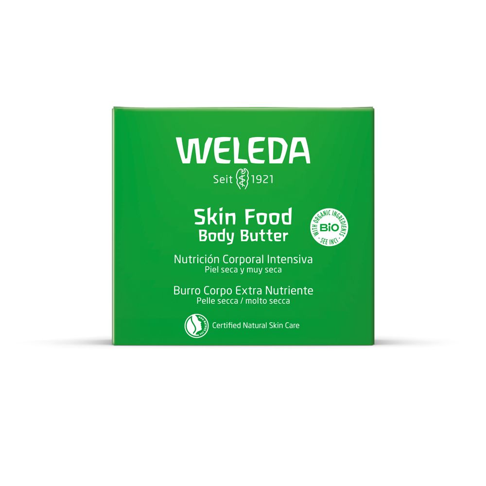 Confezione verde con scritta bianca. Scritta: Weleda, Skin Food Body Butter. Per pelli molto secche.
