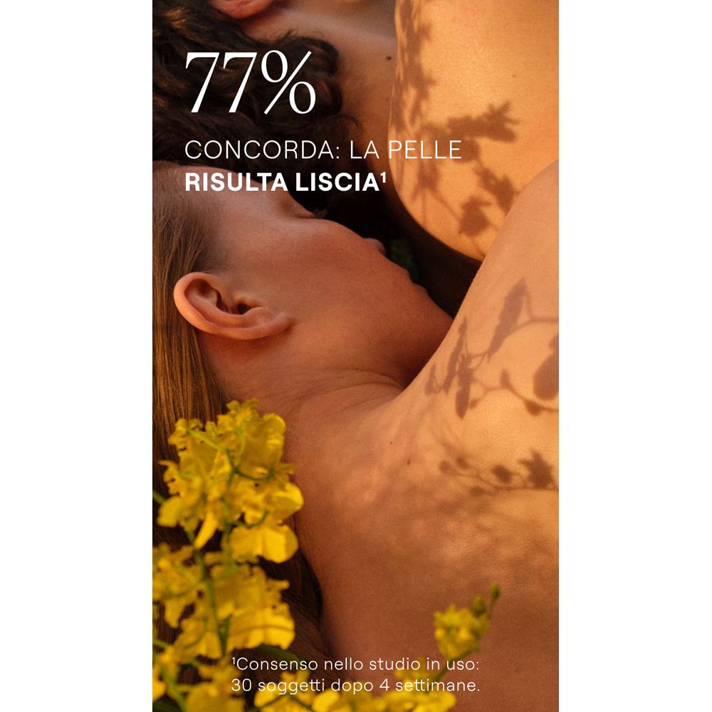 Primo piano della pelle. Testo: 77% concordano: la pelle risulta liscia.