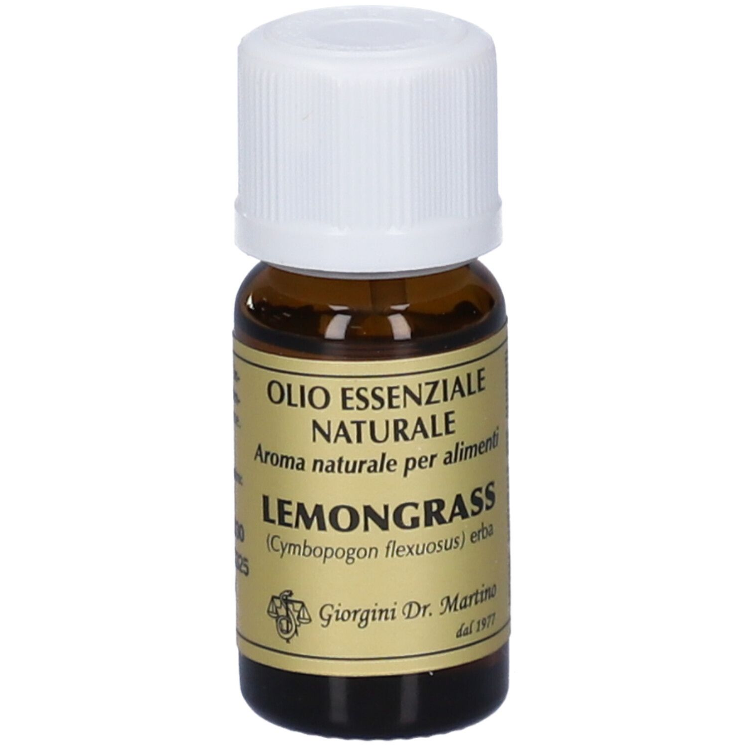 Flacone di vetro marrone con tappo bianco. Scritta: Olio Essenziale Naturale, Lemongrass. Marchio: Giorgini Dr. Martino.