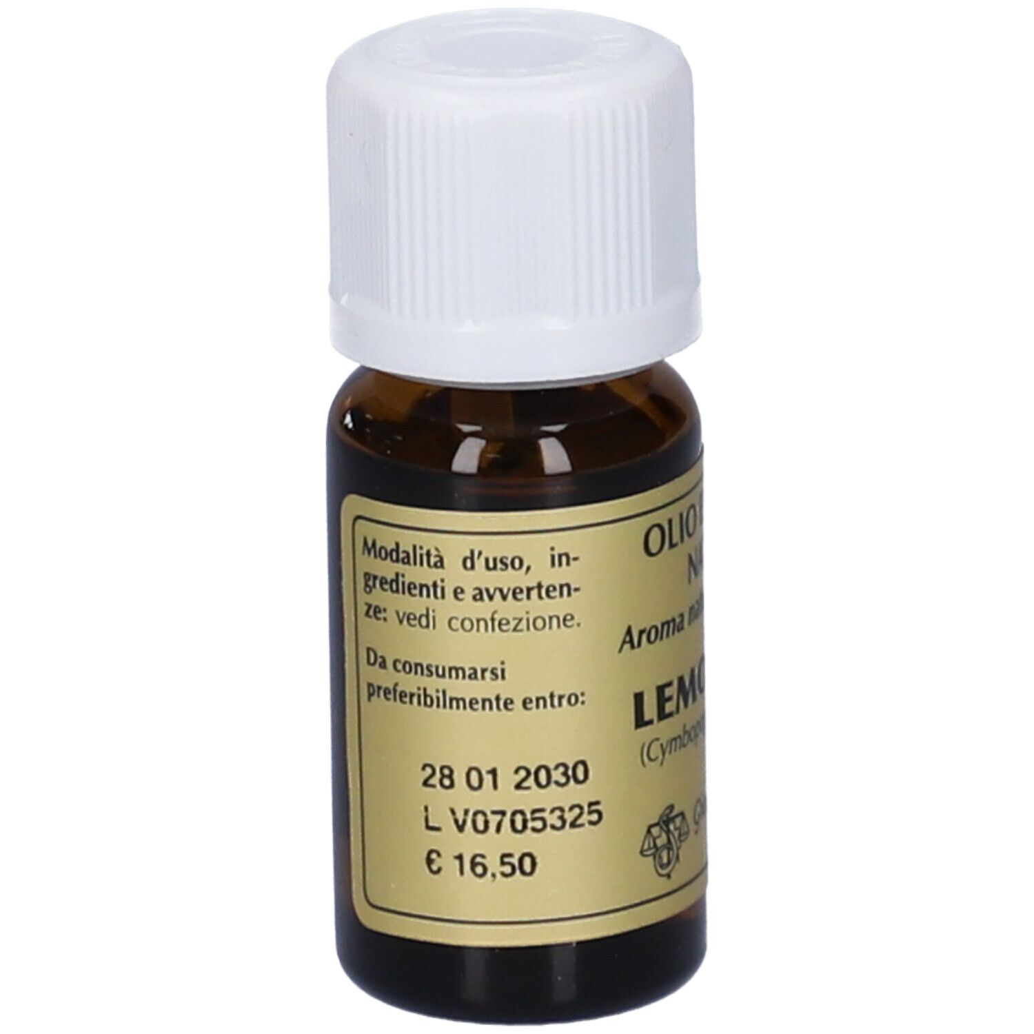 Flacone di vetro marrone con tappo bianco. Scritta: Olio Essenziale Naturale, Lemongrass. Marchio: Giorgini Dr. Martino. Con data di scadenza.
