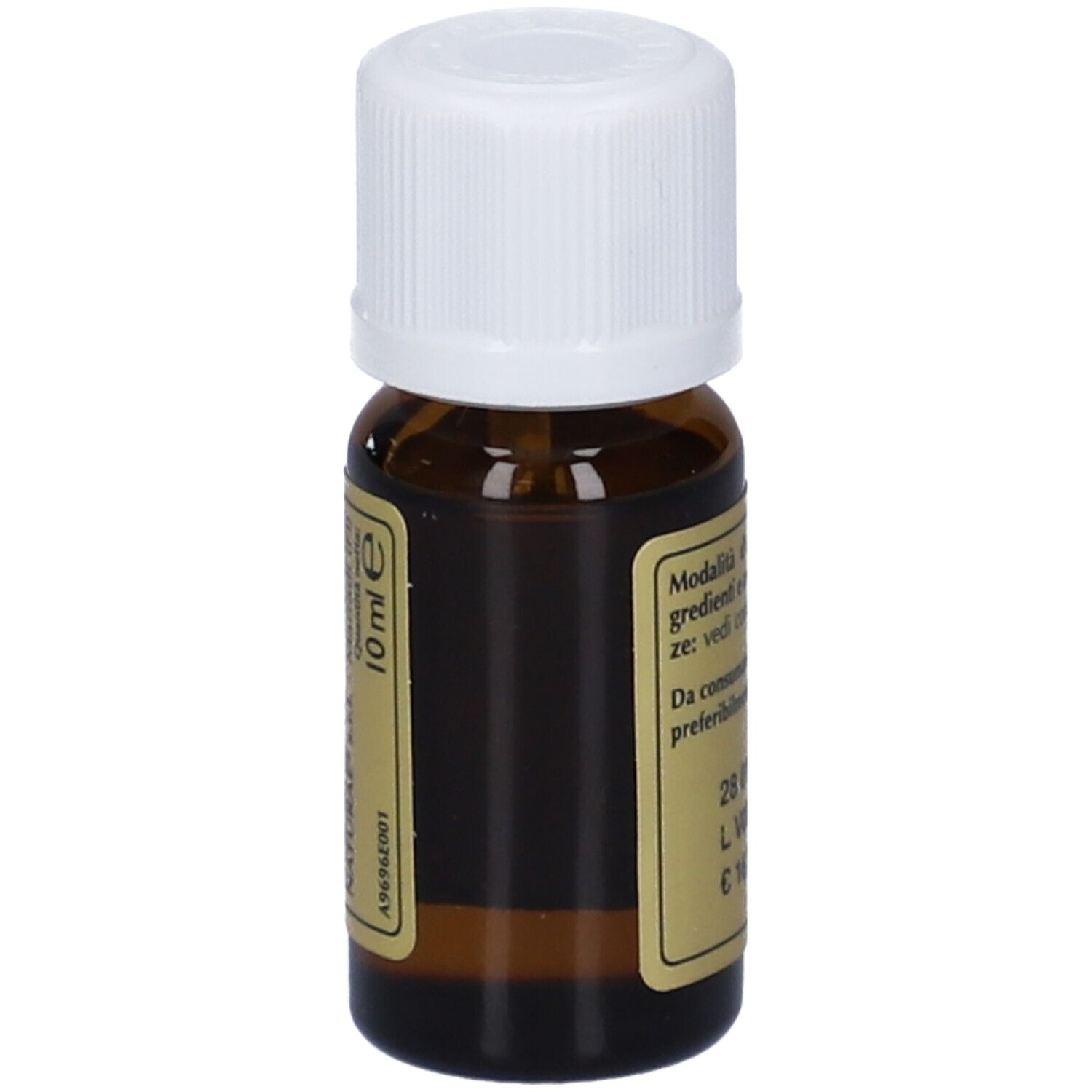 Flacone di vetro marrone con tappo bianco. Scritta: Olio Essenziale Naturale, Lemongrass. Marchio: Giorgini Dr. Martino. Con 10 ml.