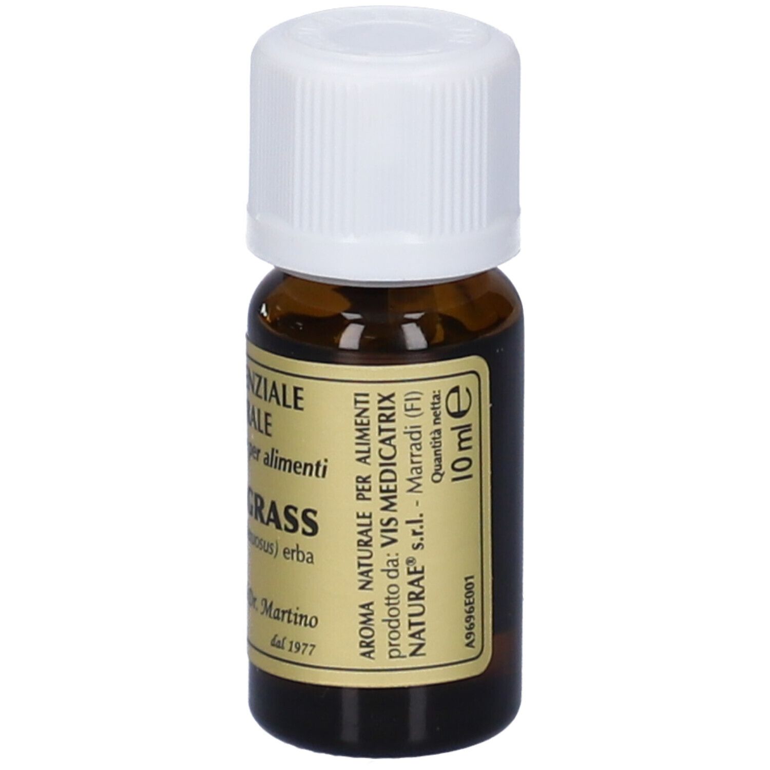 Flacone di vetro marrone con tappo bianco. Scritta: Olio Essenziale Naturale, Lemongrass. Marchio: Giorgini Dr. Martino. Con 10 ml.