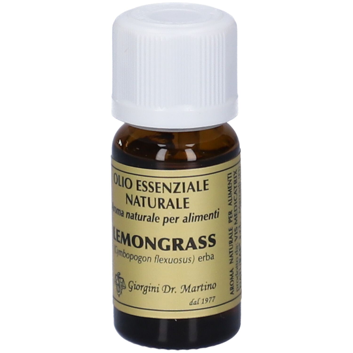 Flacone di vetro marrone con tappo bianco. Scritta: Olio Essenziale Naturale, Lemongrass. Marchio: Giorgini Dr. Martino.