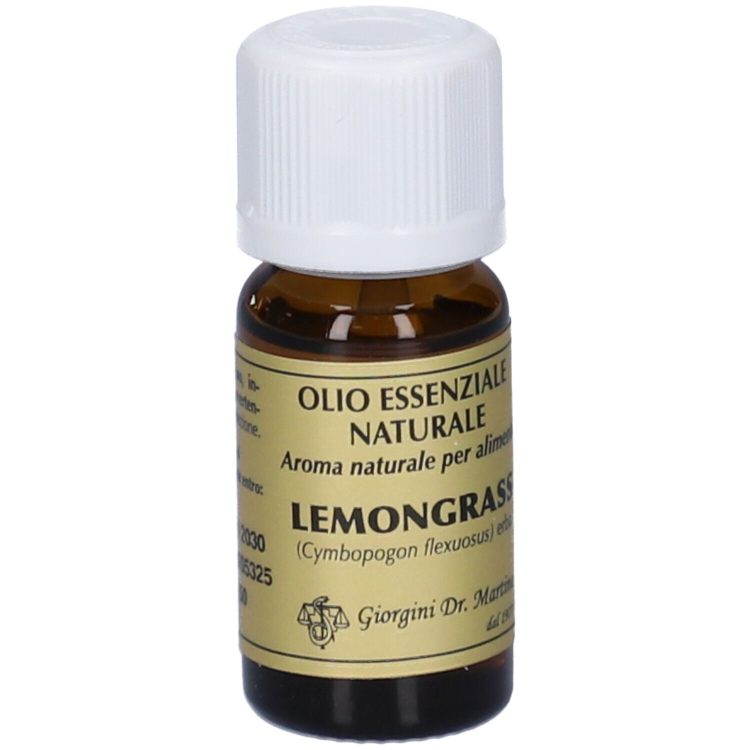 Flacone di vetro marrone con tappo bianco. Scritta: Olio Essenziale Naturale, Lemongrass. Marchio: Giorgini Dr. Martino.