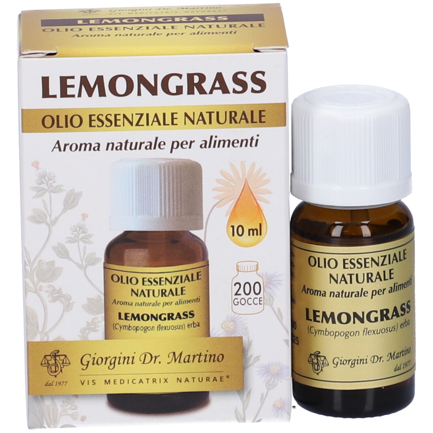Flacone di vetro marrone con tappo bianco e confezione. Scritta: Lemongrass, Olio Essenziale Naturale. Marchio: Giorgini Dr. Martino.