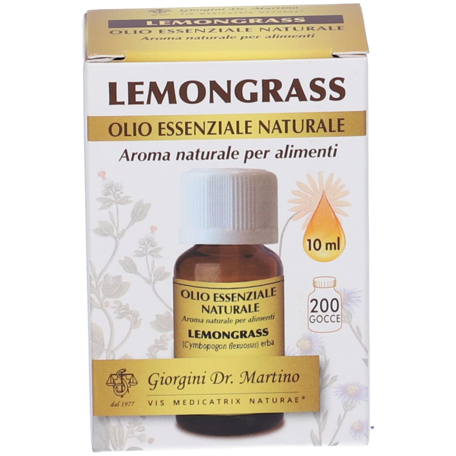 Flacone di vetro marrone con tappo bianco e confezione. Scritta: Lemongrass, Olio Essenziale Naturale. Marchio: Giorgini Dr. Martino.