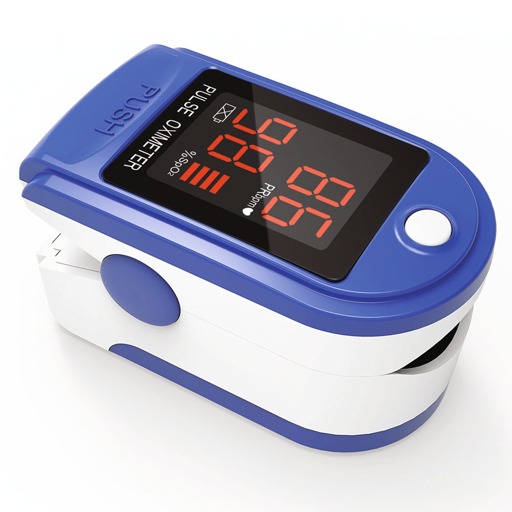 Pulsossimetro blu e bianco con display rosso. Visualizza SpO2 e frequenza cardiaca. Pulsante «PUSH».