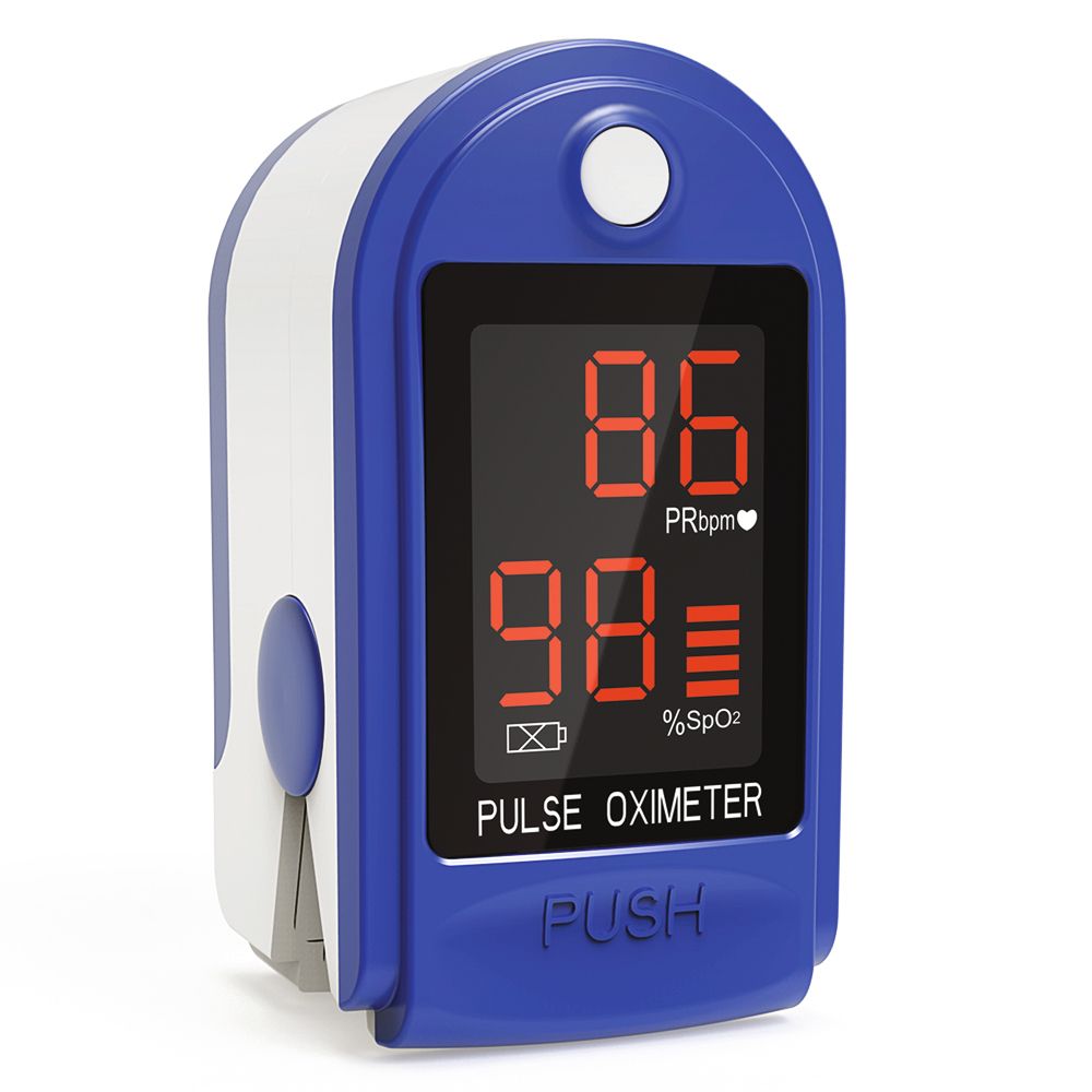 Pulsossimetro blu e bianco con display rosso. Visualizza SpO2 e frequenza cardiaca. Pulsante «PUSH».
