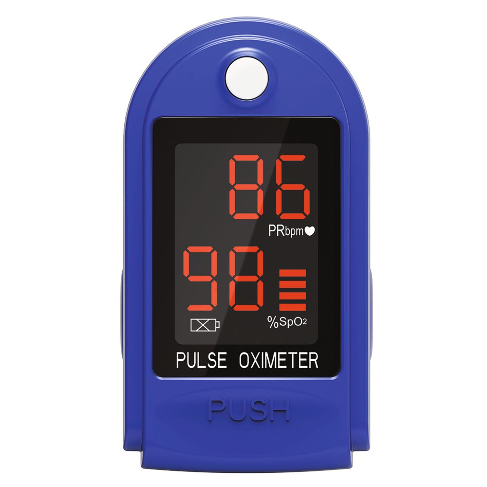 Pulsossimetro blu con display rosso. Visualizza SpO2 e frequenza cardiaca. Pulsante «PUSH».