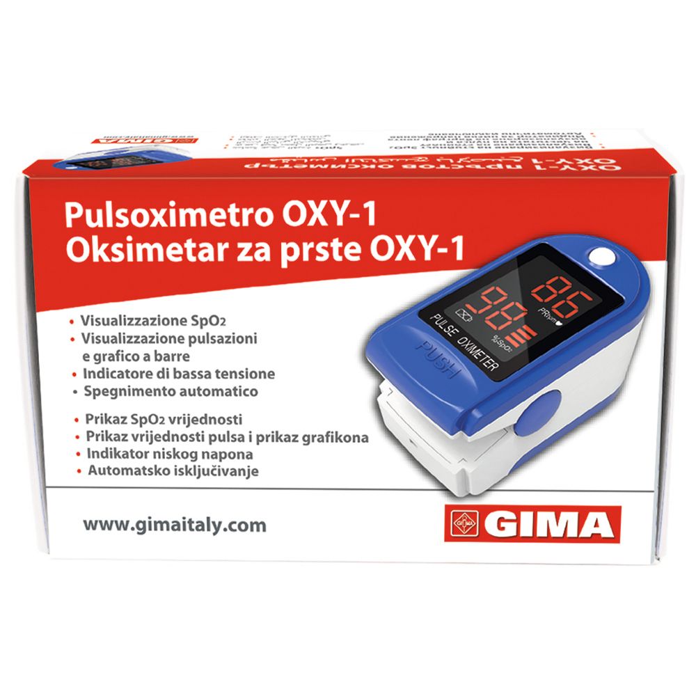 Confezione per pulsossimetro. Testo: Pulsoximetro OXY-1. Contiene immagine del prodotto e dati tecnici.