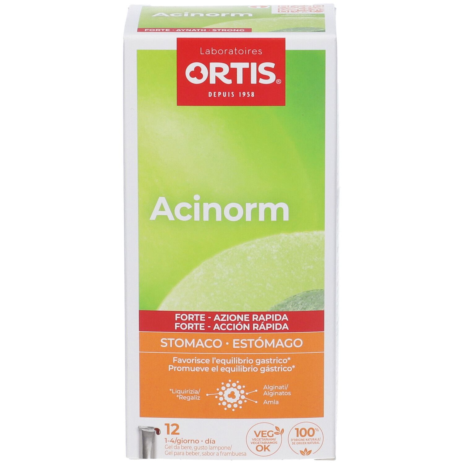Scatola di Acinorm Forte. Logo Ortis. Confezione verde e bianca. Testo: Forte, Stomaco, 12 bustine.