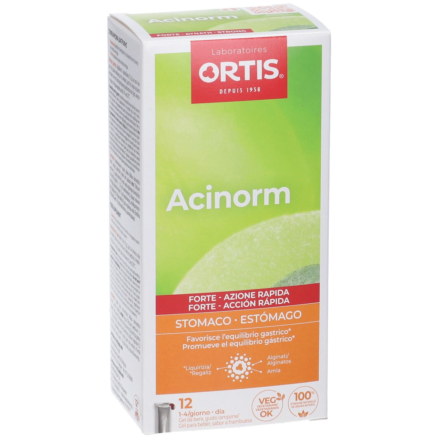 Scatola di Acinorm Forte. Logo Ortis. Confezione verde e bianca. Testo: Forte, Stomaco, 12 bustine.