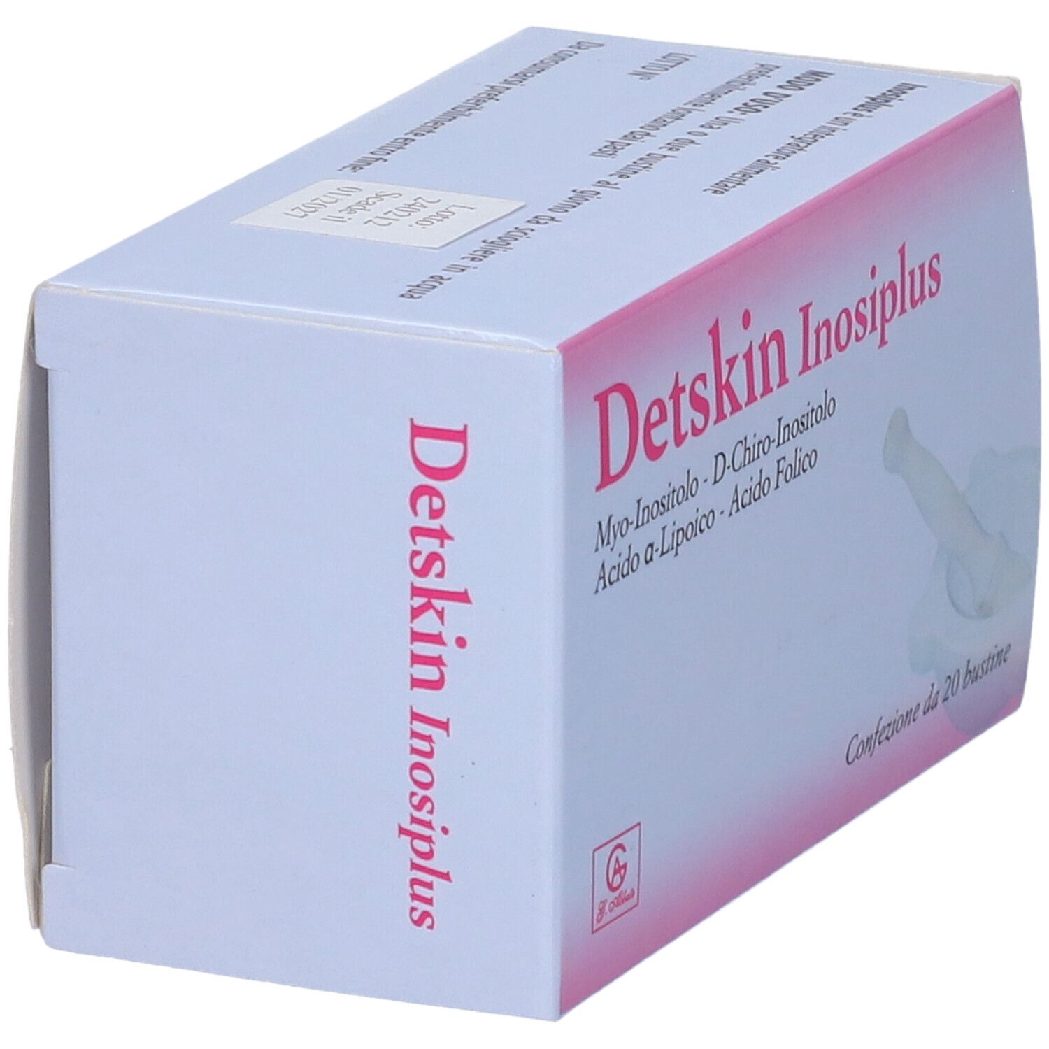 Confezione di Detskin Inosiplus. Contiene Myo-Inositolo, D-Chiro-Inositolo, Acido a-Lipoico, Acido Folico. 20 bustine.
