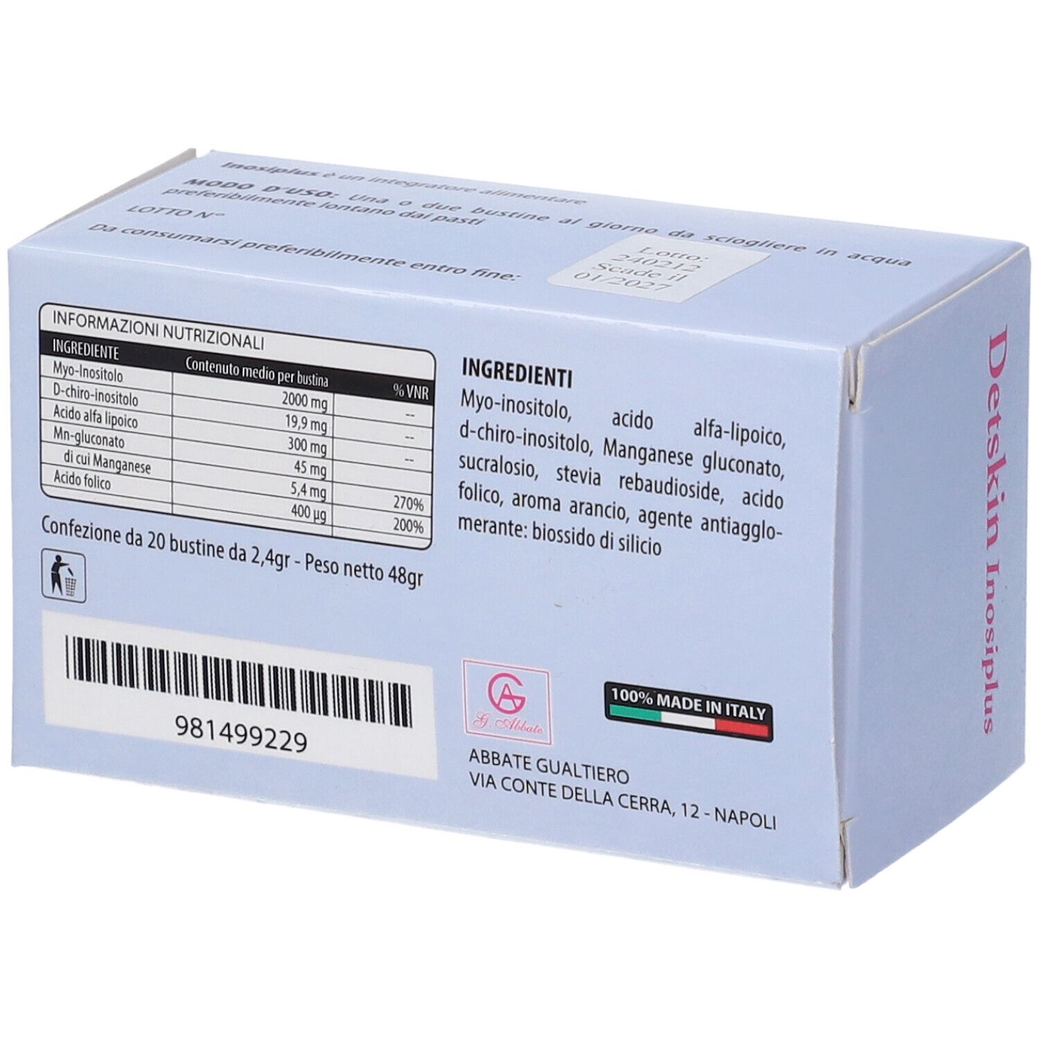 Retro della confezione Detskin Inosiplus. Ingredienti e informazioni nutrizionali. Prodotto in Italia.