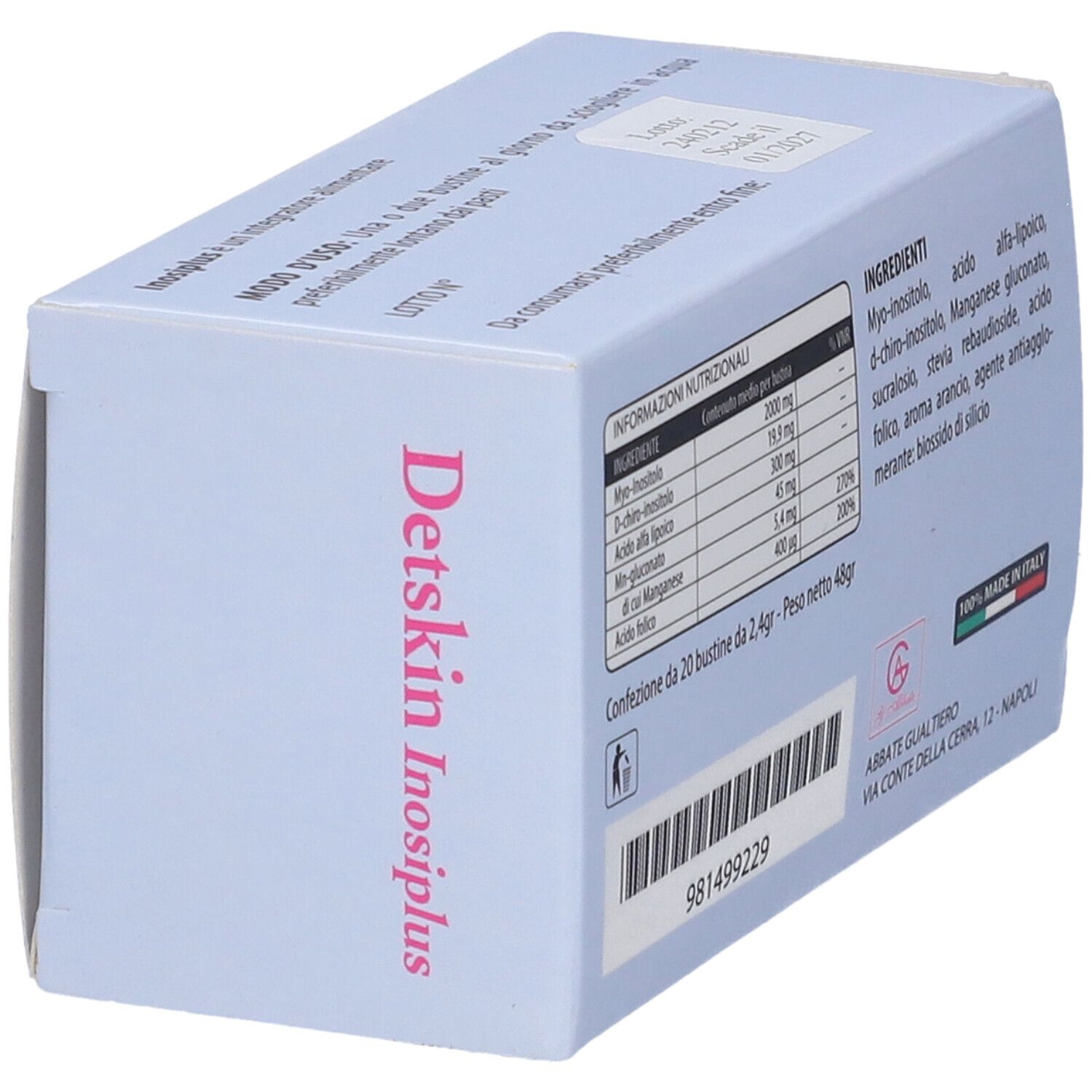 Retro della confezione Detskin Inosiplus. Ingredienti e informazioni nutrizionali. Prodotto in Italia.