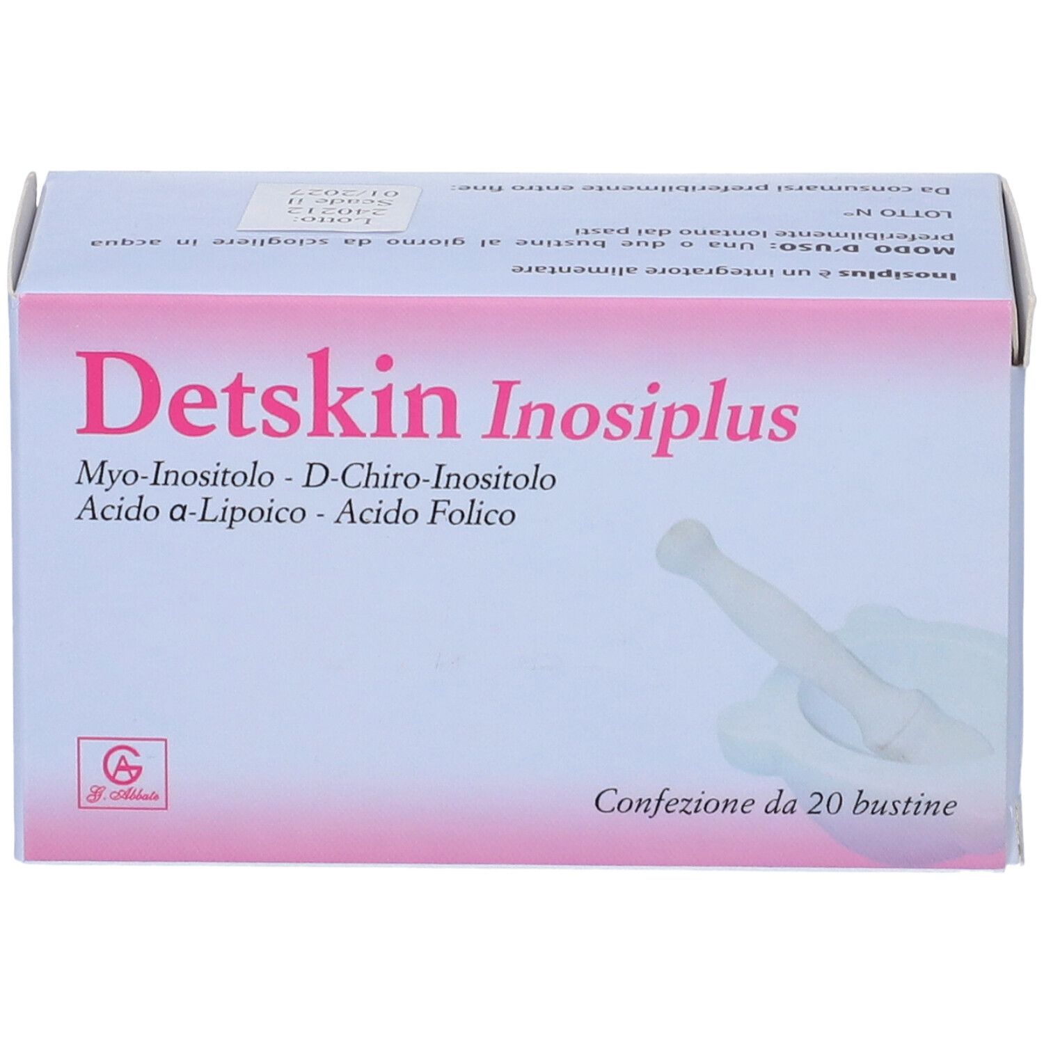 Confezione di Detskin Inosiplus. Contiene Myo-Inositolo, D-Chiro-Inositolo, Acido a-Lipoico, Acido Folico. 20 bustine.