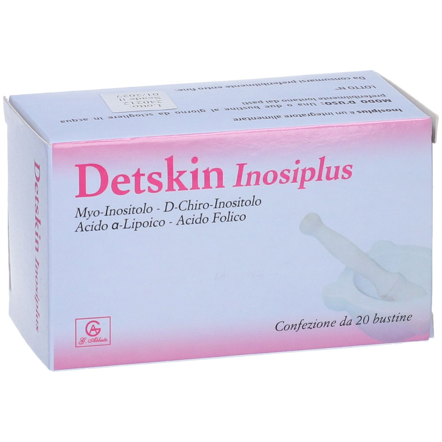 Confezione di Detskin Inosiplus. Contiene Myo-Inositolo, D-Chiro-Inositolo, Acido a-Lipoico, Acido Folico. 20 bustine.