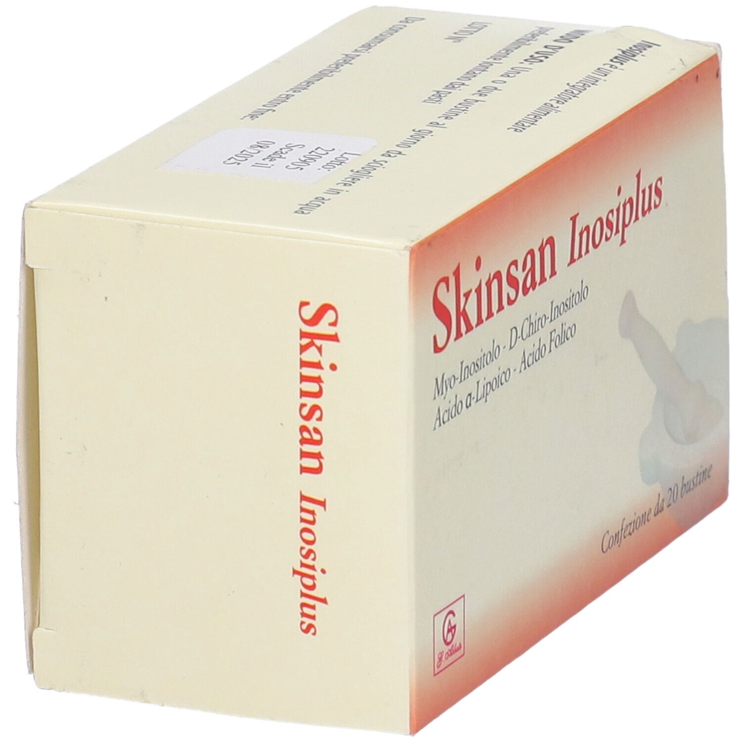 Scatola Skinsan Inosiplus, vista laterale. Nome del prodotto e ingredienti visibili. Confezione da 20 bustine. Bandiera italiana.