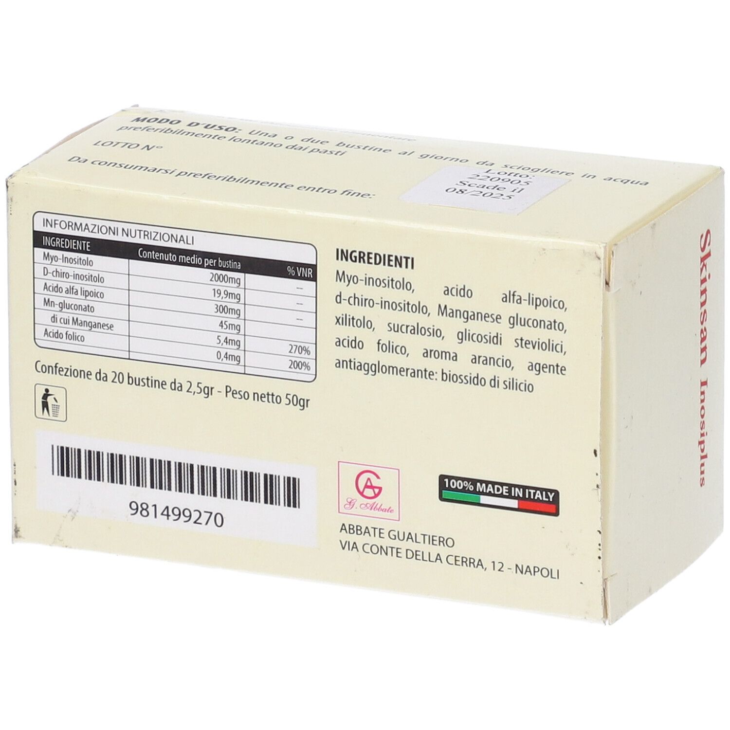 Scatola Skinsan Inosiplus, retro. Informazioni nutrizionali e ingredienti. Sigillo Made in Italy. 20 bustine.