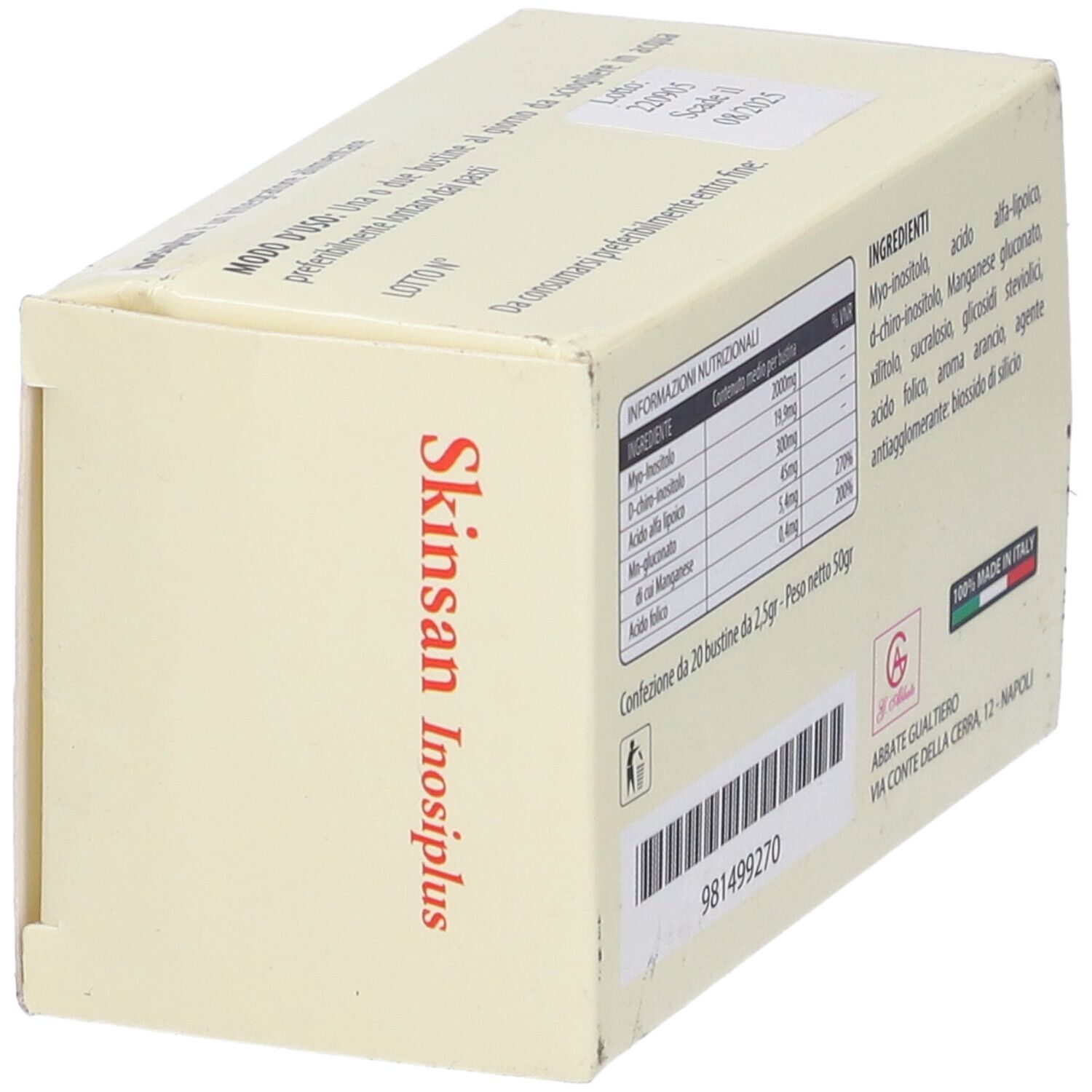 Scatola Skinsan Inosiplus, vista laterale. Nome del prodotto e ingredienti visibili. Sigillo Made in Italy. 20 bustine.