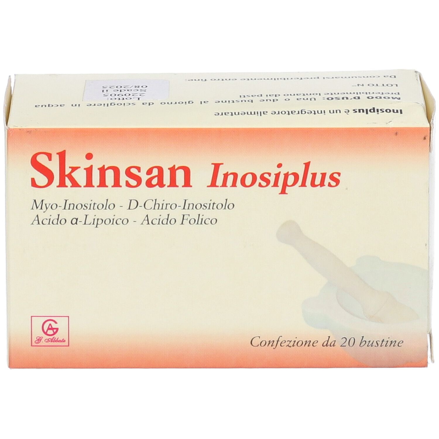 Scatola Skinsan Inosiplus. Nome del prodotto e ingredienti. Confezione da 20 bustine. Logo. Sfondo bianco.