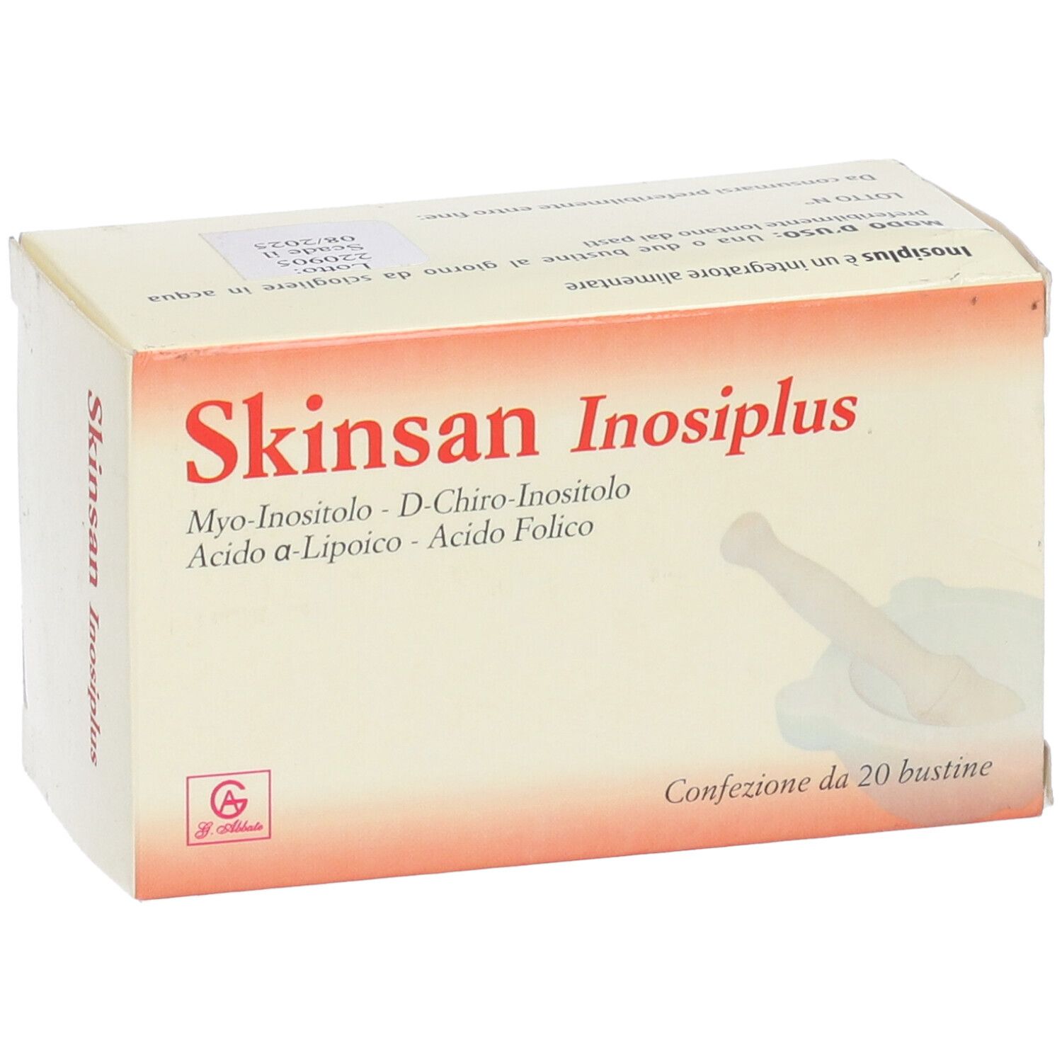 Scatola Skinsan Inosiplus. Nome del prodotto e ingredienti. Confezione da 20 bustine. Logo. Sfondo bianco.