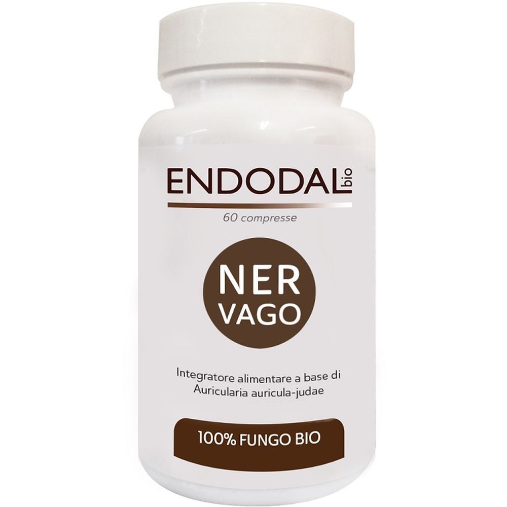 Flacone bianco con scritta "ENDODAL bio" e "NER VAGO". Contiene 60 compresse. Scritta: "100% FUNGO BIO".
