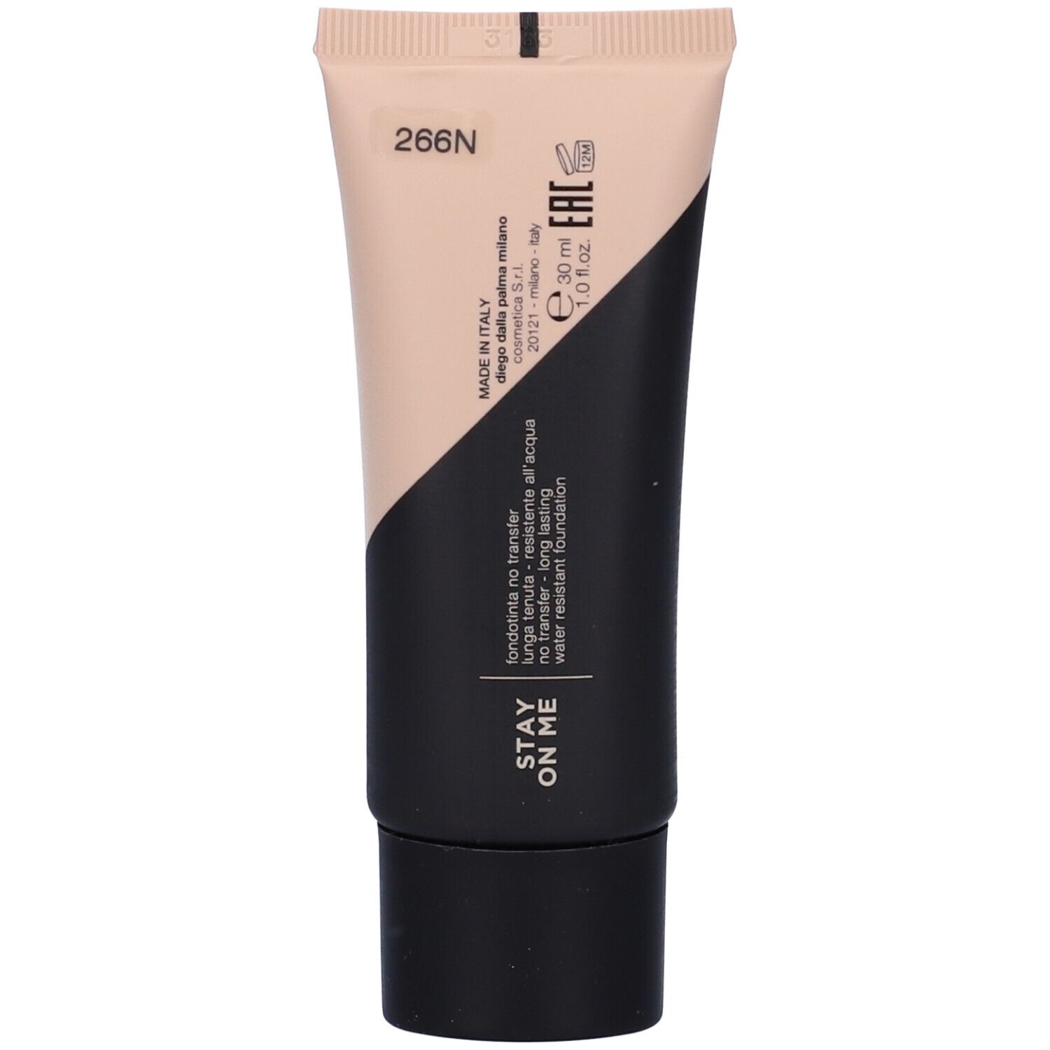 Tubo crema con divisione diagonale nero e beige. Scritta: Diego dalla Palma, No Transfer, Long Lasting, 266N.