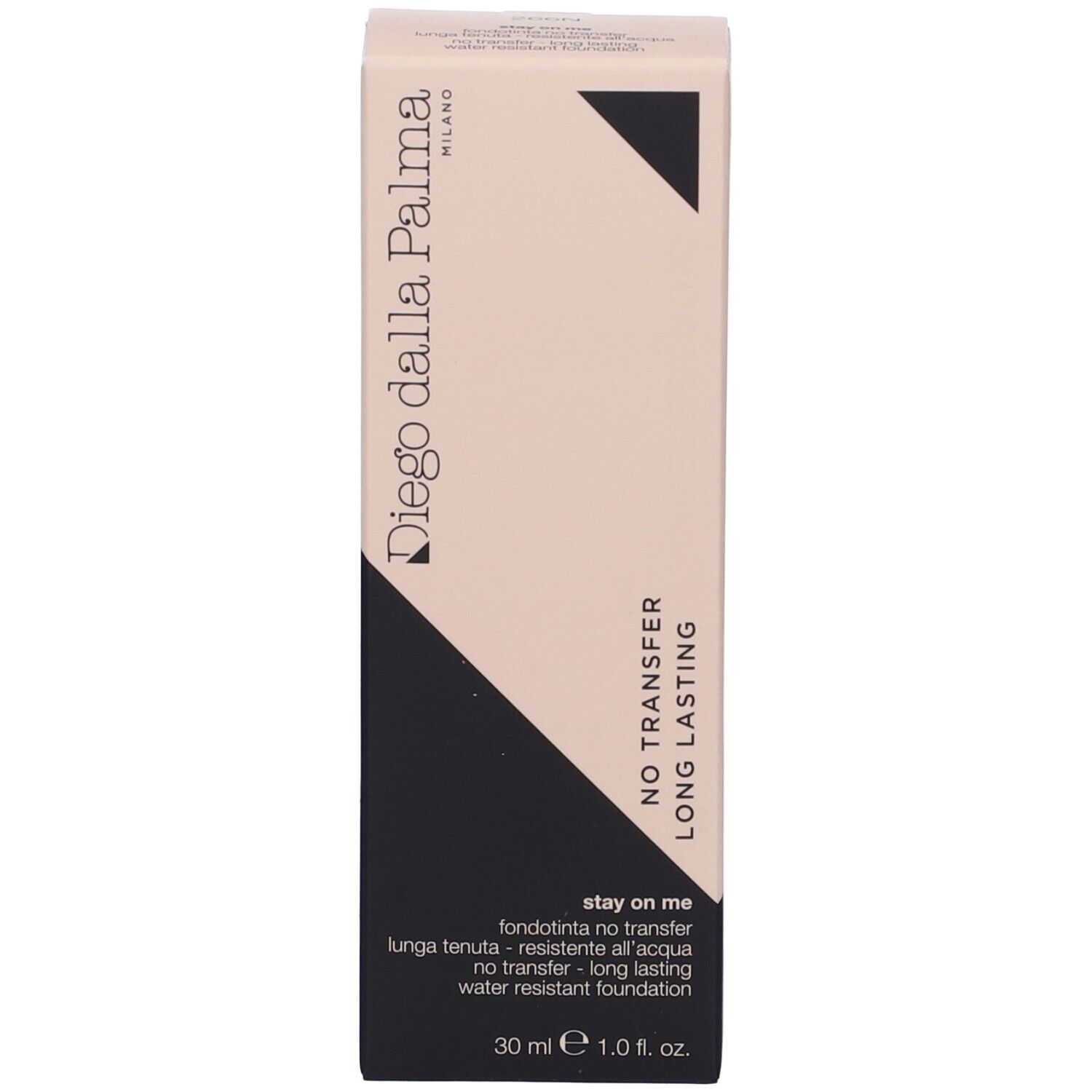 Scatola con divisione diagonale nero e beige. Scritta: Diego dalla Palma, No Transfer, Long Lasting.